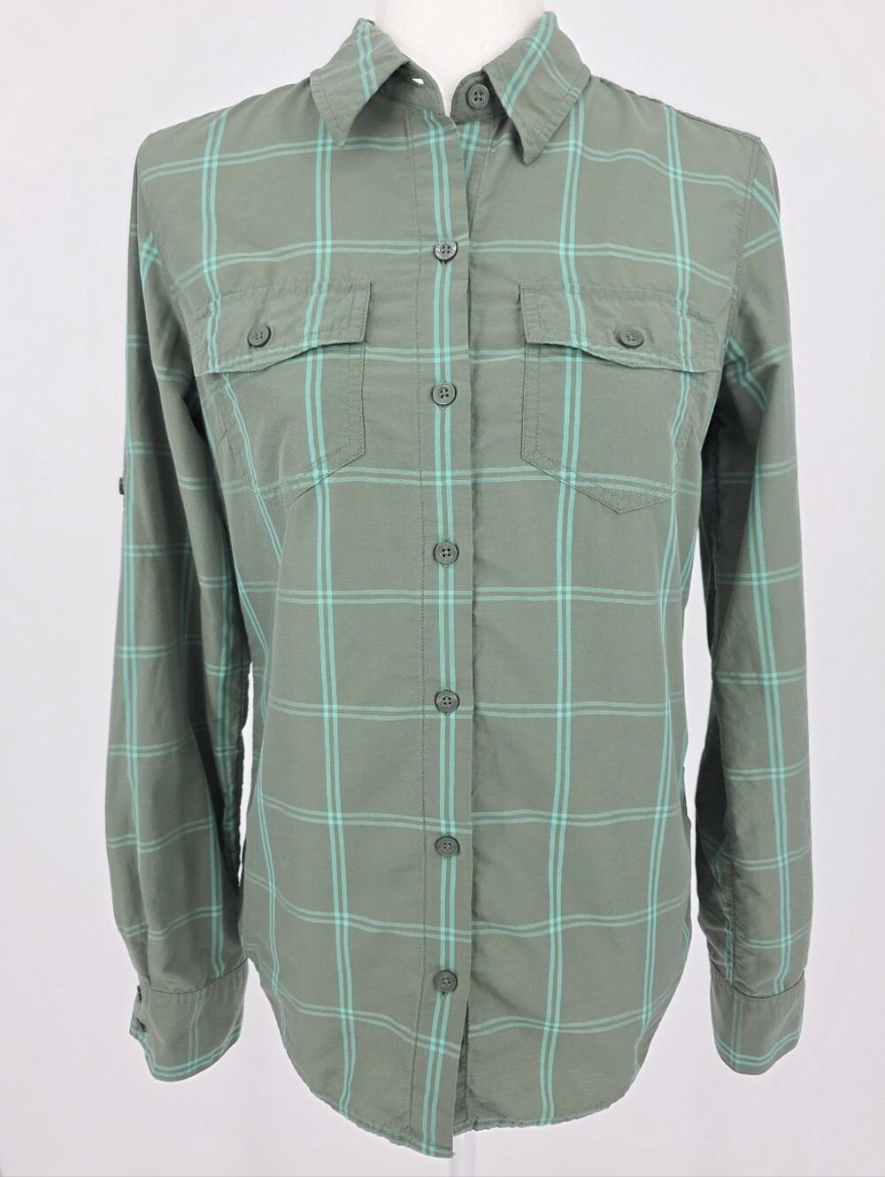 Patagonia Plaid Button Front Hiking Outdoor Shirt‎ Women's Size 4 Green Blue